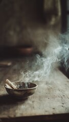 Aromatic palo santo incense burning on a rustic wooden table, creating a calming, tranquil atmosphere perfect for wellness, meditation, and commercial lifestyle concepts