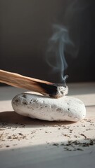 Palo Santo smudging wooden sticks burning on a white stone, emitting smoke in a minimalist setting, perfect for wellness, spa, and holistic lifestyle visuals, featuring holy wood