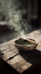 Smoldering palo santo incense on rustic wood table, evoking calm, wellness, and natural style&mdash;perfect for commercial wellness, spa, or lifestyle branding