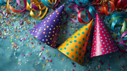 Fasching carnival celebration with colorful hats, streamers, and confetti on a table in bright daylight