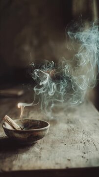 Aromatic palo santo incense burning on a rustic wooden table, creating a calming, tranquil atmosphere perfect for wellness, meditation, and commercial lifestyle concepts