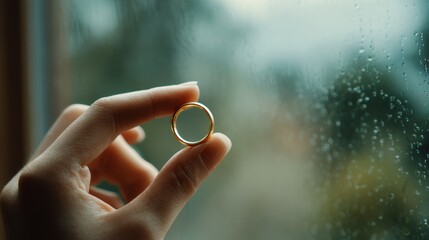 Female hand holding wedding ring near window with rain, showing a moment related to divorce and change in life events