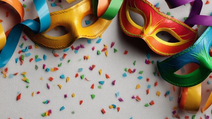 Bright carnival scene with masks, streamers, and confetti in a festive setting during a joyful celebration