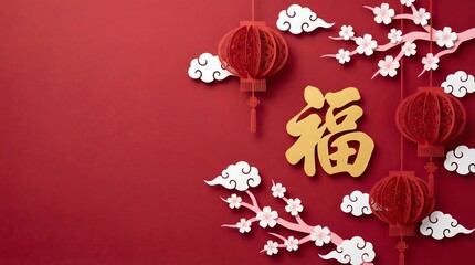 Festive Holiday Greetings: An auspicious festive scene, featuring traditional paper lanterns, auspicious characters and blossom branches, a celebratory expression of wishes and good fortune.