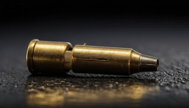 Spent brass casing lies abandoned after being fired. Weapon, discharged. Macro studio shot. Detail, texture, on black. Background texture.
