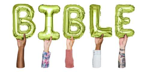 Bible word png, hands holding balloon typography, transparent background