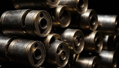 Close-up of metallic cylindrical components stacked, industrial style, metalwork, machine parts, precision engineering, manufacturing background