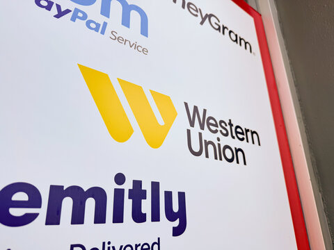 Western Union logo owned by The Western Union Company on the facade of a selfservice store International remittance sending and receiving point Mexico January 21 2026