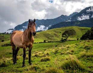 A majestic brown horse stands in a grassy field with rolling hills and a mountain range, under an overcast sky