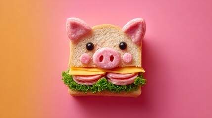 Kids enjoy fun lunch with sausage and cheese sandwich shaped like pig face on bright background