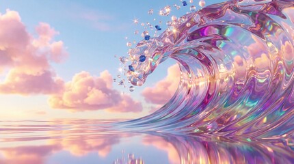 ピンクの雲と虹色に輝くガラスの海が織りなす幻想的な風景