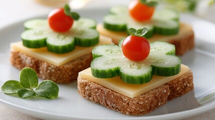 Bright sandwich with vegetable flowers and cheese on a clean plate for kids' meal idea