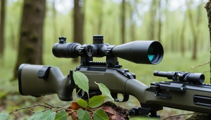 Sniper rifle with scope rests on a branch in dense forest, optical precision. Stealthy armament in natural habitat, hunting equipment, woodland ambush