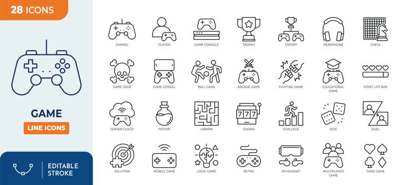 Game line editable icon set. Containing Gaming elements, category, console, player, mobile game, and more. Editable stroke. Vector illustration