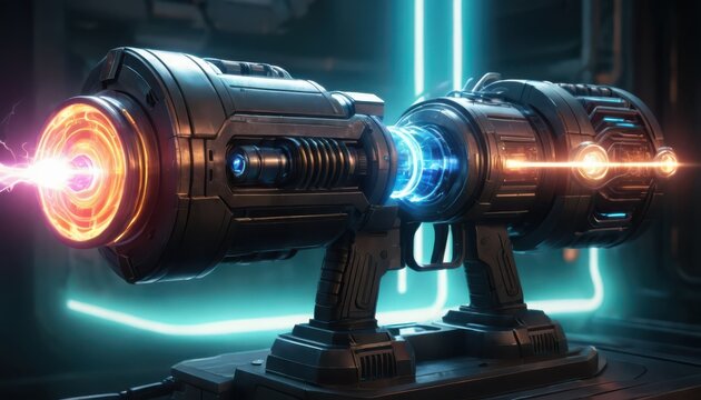 Futuristic Plasma Cannon Fires Energy Blast in Cyberpunk Style, Sci-Fi Weapon Prototype in a Tech Lab Environment, Laser Emission, High Tech Future