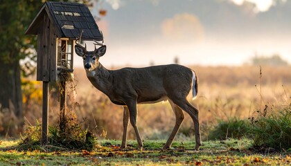 A majestic buck with antlers stands beside a rustic bird feeder in a field bathed in golden morning light. The scene is enveloped in soft mist