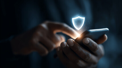 A hand interacting with a smartphone displaying a digital shield symbolizing cybersecurity and data protection.