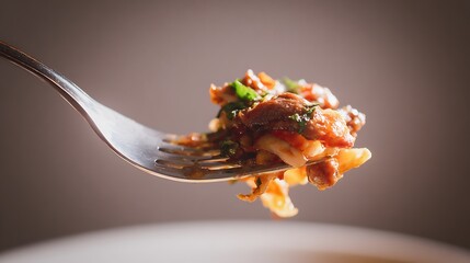 Delicious bite lifted on fork, slight food movement visible, neutral background