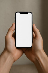 Person holding smartphone with blank screen in front of beige background