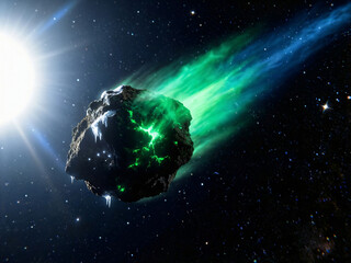 Cosmic event concept: Green comet with visible anti-tail and ion trail in solar system.
