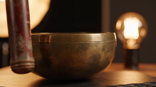 Zen Meditation Tibetan Singing Bowl Close Up With Warm Incandescent Light and Soft Focus Background for Serenity and Calm