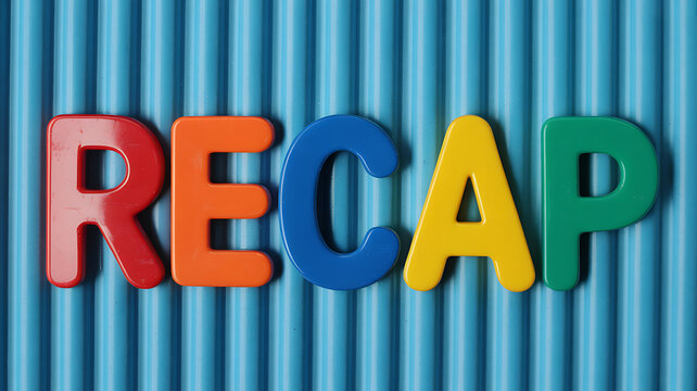 Colorful recap text on blue background for presentations