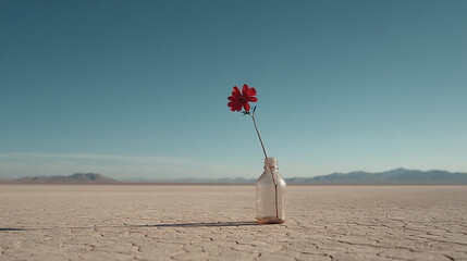 A striking red flower in a bottle, symbolizing resilience in a barren landscape under a clear blue sky.