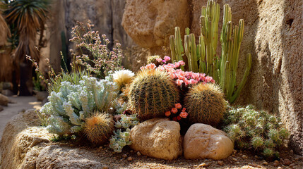 A vibrant collection of colorful cacti and succulents nestled among natural rocks in a stunning landscape.