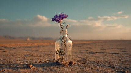 A vibrant flower emerges from a glass bottle in a serene desert landscape, symbolizing resilience and beauty.