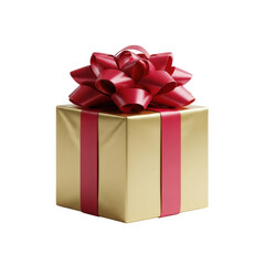 Obraz premium A metallic gold gift box with an elaborate red satin bow on a transparent background with significant copy space. Concept of luxury celebration