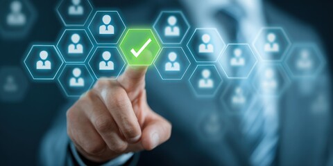 Businessman interacting with digital interface for user verification.