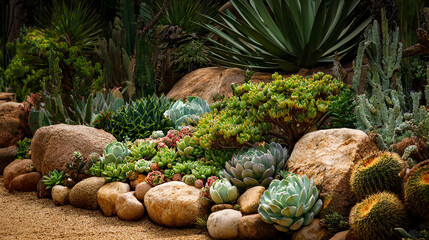 An assortment of vibrant succulents and cacti nestled among textured rocks in a serene garden setting.