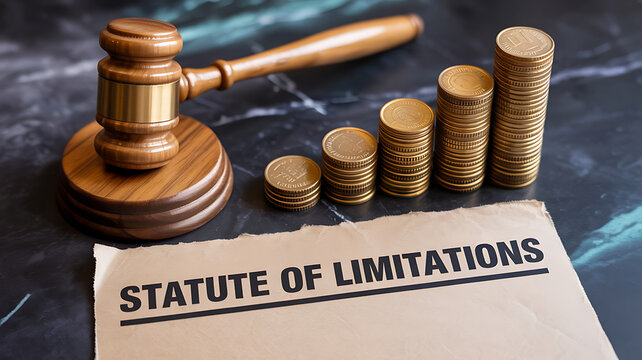 Statute of limitations concept with gavel and coins on document