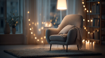Cozy armchair with soft blanket in a warmly lit room, creating a serene atmosphere for relaxation and tranquility.