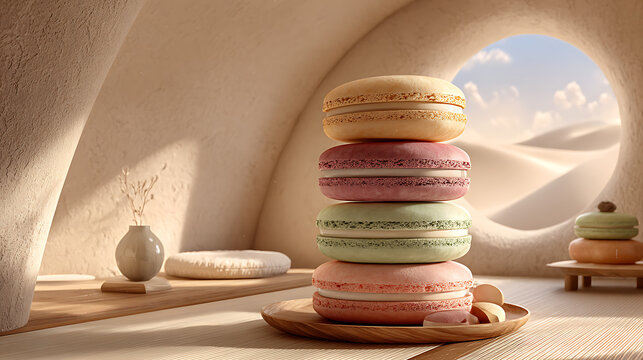 A tower of pastel macarons rests on a wooden plate in a sunlit organic adobe room, featuring a round window framing surreal white desert dunes.
