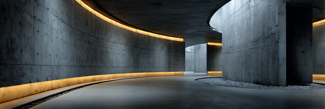 Panoramic view of sweeping curved concrete walls in a modern corridor, illuminated by warm recessed lighting that creates a moody and futuristic architectural atmosphere
