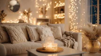 Cozy living room adorned with soft pillows and warm lights, perfect for relaxation and comfort during the evening.