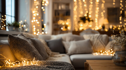 Cozy living room adorned with warm lights, inviting atmosphere for relaxation and comfort.