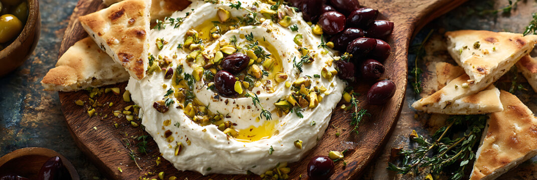 Creamy whipped feta dip garnished with pistachios and thyme on a rustic board, served with dark kalamata olives and toasted pita wedges for a savory Mediterranean mezze platter