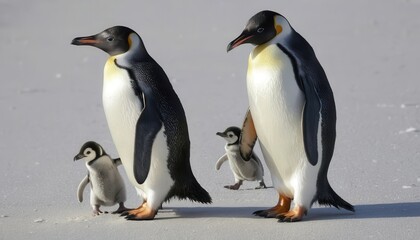 Obraz premium Penguin family walking on sand, wildlife photography, parental care, avian behavior, animal portraits, baby penguins, nature, Antarctica, cute