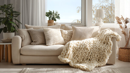 Cozy living room with a stylish couch, soft pillows, and a warm blanket, creating a relaxing atmosphere.