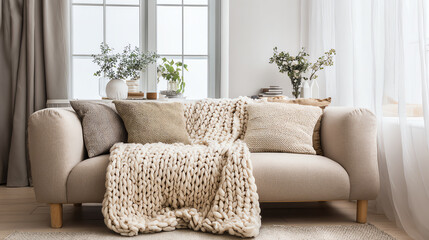 Cozy living room with a stylish sofa, warm blankets, and decorative pillows, inviting relaxation and comfort.