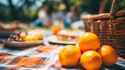 Fresh oranges placed on a picnic blanket with a basket in a sunny outdoor setting, perfect for summer gatherings.