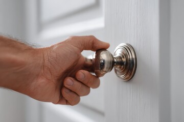 A hand turning a door knob on a white door.