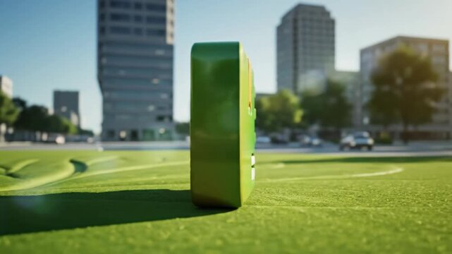 Colorful USB Flash Drive with Metallic Surface on Green Grass in Urban Park with Modern Buildings and Bright Sunlight