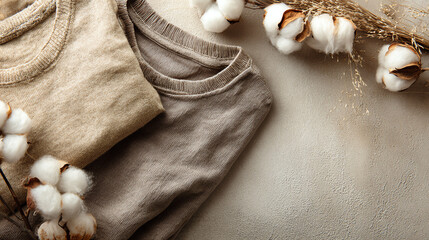 Soft cotton shirts accompanied by natural cotton flowers create a cozy and elegant atmosphere.