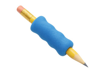 Yellow pencil with blue ergonomic grip on transparent background