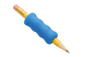 Yellow pencil with blue ergonomic grip on transparent background