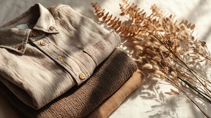 Stylish stacked clothing with dried flowers in soft natural light, ideal for minimalistic decor and fashion aesthetics.