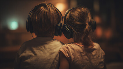 Two children wearing headphones share a moment of music in a cozy, softly lit environment, enhancing connection and joy.